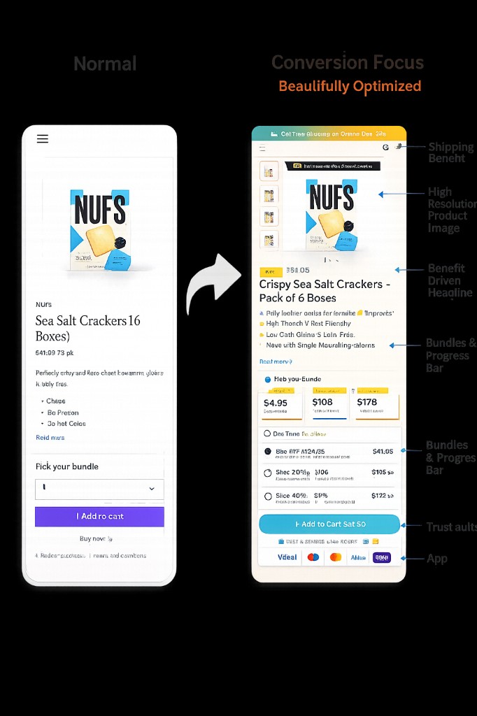 Normal product page compared with a conversion-focused optimized mobile layout