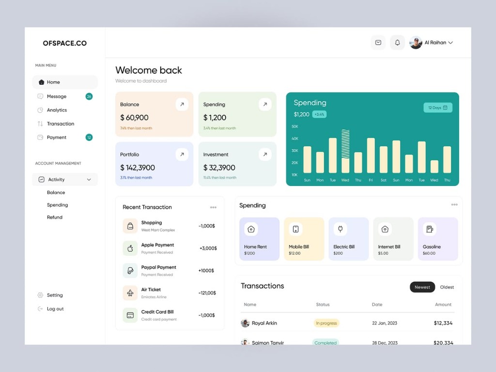 GTech business dashboard preview with analytics, transactions, and spending overview